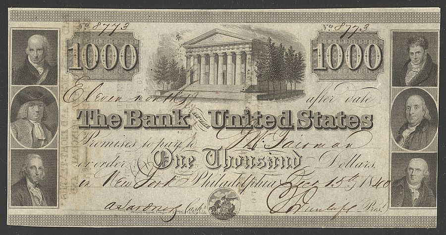 Bank of the United States $1000, Dec. 15, 1840, Philadelphia Issue, NY Redemption, 8804, CU